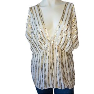 Soft Surroundings White Gold Sequins Silk Tie Open Front Kimono Blouse Large